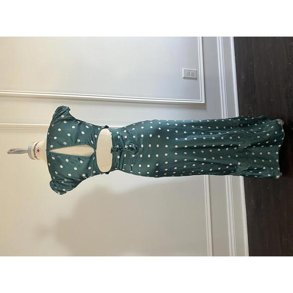Free People - Women's Green Butterfly Satin Polka Dot Maxi Dress w/ lace, Size M - Picture 8 of 12